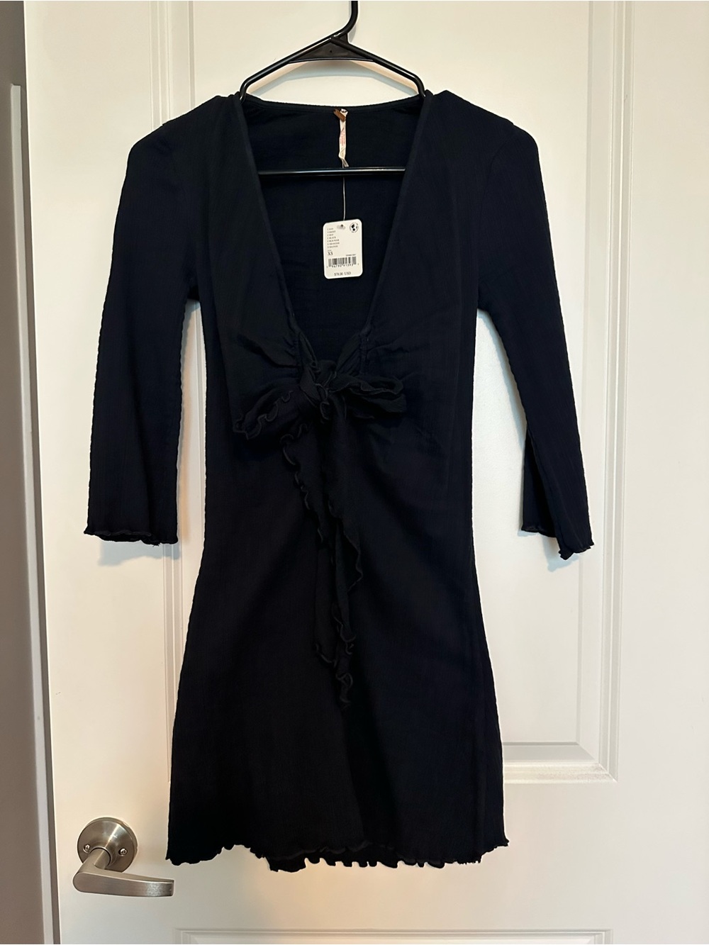 Free People Black Ribbed V-Neck Tie-Front Mini Dress